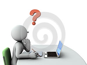 A business person who stops his work and thinks. A remote worker who is trying to solve a question. Confusion and doubt.