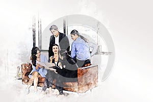 Business persons meeting and relaxation on watercolor illustration painting background.