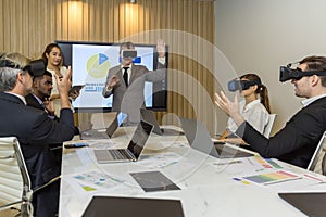 Business persons with virtual reality headsets in meeting room at the office. businessperson brainstorming on a virtual 3d vr gogg