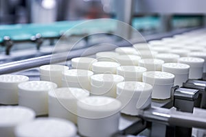 Business in pharma: conveyor belt and bottles