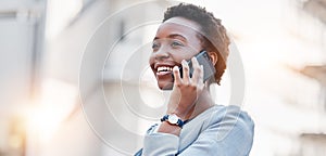 Business, phone call and black woman in city with smile, conversation and mobile networking on mockup space. Banner