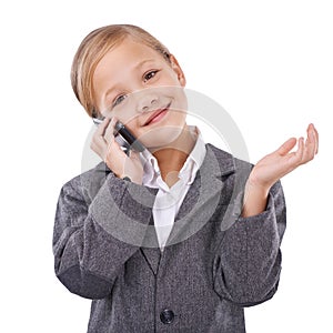 Business, phone call and child in portrait, communication and networking on white background. Female person, pretend