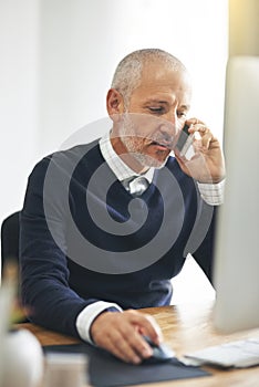 Business, phone call and mature man with computer in office for crm, communication and b2b networking. Investment