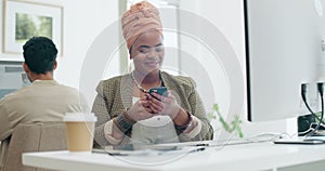 Business phone, office and black woman laughing at funny meme, joke or comedy on social media. Comic, cellphone and