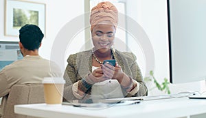 Business phone, office and black woman laughing at funny meme, joke or comedy on social media. Comic, cellphone and