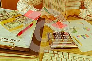 Business plan, calculator, dollar banknote on the table