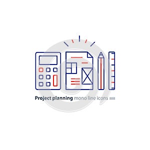 Business plan concept, design blueprint, calculator pencil and ruler icons