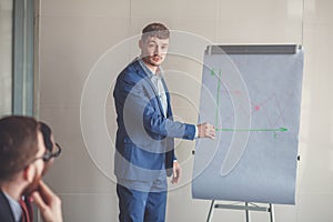 Business plan explained on flipchart by CEO to colleagues