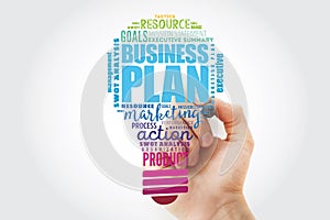 Business plan light bulb word cloud collage, business concept background