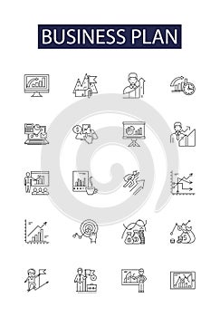 Business plan line vector icons and signs. plan, strategy, resources, goal, market, analysis, budgets, operations