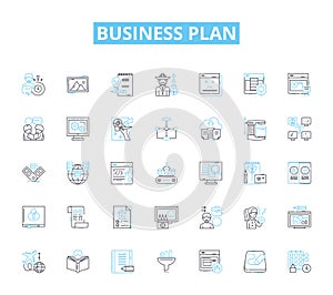 Business plan linear icons set. Strategy, Profitability, Marketing, Analysis, Forecasting, Funding, Goals line vector