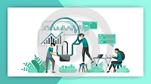Business plan. planning, deliberation and brainstorming to determine strategy and direction of the company business. vector illust