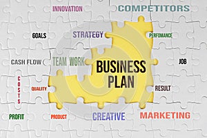 Business plan puzzle. White jigsaw puzzle with some missing pieces on soft yellow. Success business plans concept