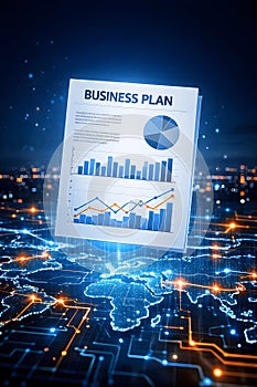 Business Plan Report With Growth Charts And Analytics Over Digital World Map