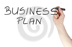 Business plan sign written by a felt tip pen on glass board