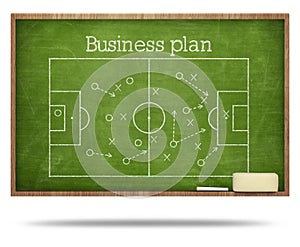 Business plan text and soccer fied on blackboard