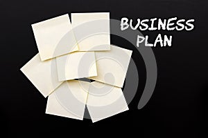 Business Plan text with yellow stocky notes