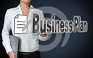 Business plan touchscreen is shown by businesswoman