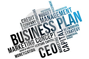 Business plan word cloud collage, business concept background. Venture capital