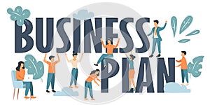 Business planning concept. Big letters with people around. Result achievement concept vector illustration of business people. Flat