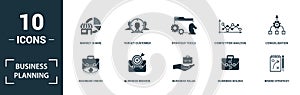 Business Planning icon set. Monochrome sign collection with business vision, business mission, business value, business solves and