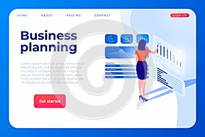 Business planning landing page concept with illustration of women who watching and alanyze graphs and statistic.