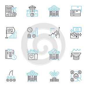 Business planning linear icons set. Strategy, Analysis, Forecasting, Marketing, Objectives, Budgeting, Development line