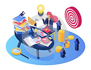 Business planning process vector illustration, cartoon tiny people working, brainstorming together, business idea icon