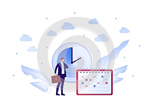 Business planning schedule concept. Vector flat people illustration. Businessman with briefcase in suit watching clock. Calendar