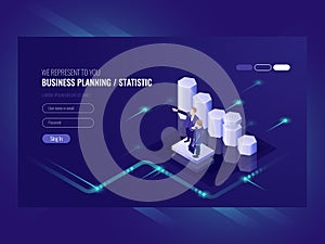 Business planning, statistic, illustration with two businessman, team leader and common efforts, e commerce success photo