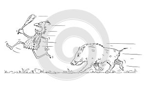 Business or Political Cartoon About Caveman Running Away Wild Boar, Vector Illustration