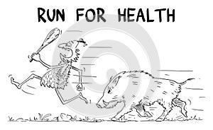 Business or Political Cartoon About Caveman Running Away Wild Boar, Vector Illustration