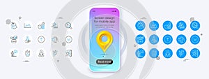 Business portfolio, Swipe up and Leadership line icons. For web app, printing. Phone mockup with 3d map pin icon Vector