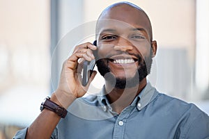 Business, portrait or black man on a phone call talking, networking or speaking to chat in discussion. Smile, startup or