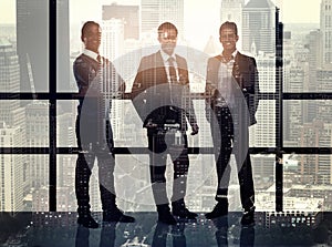 Business, portrait and double exposure of people in office, city and team networking in New York. Entrepreneur, group