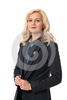 business portrait of a middle aged woman in a suit on a white isolated background