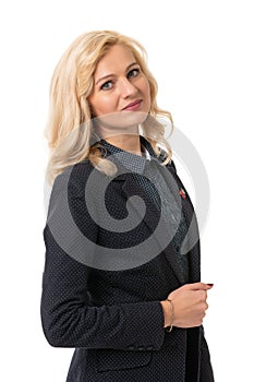 business portrait of a middle aged woman in a suit on a white isolated background