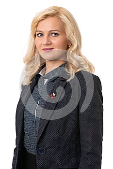 business portrait of a middle aged woman in a suit on a white isolated background