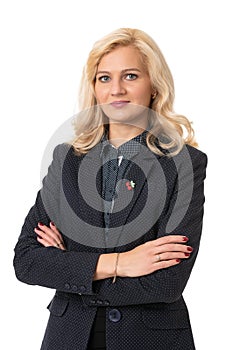 business portrait of a middle aged woman in a suit on a white isolated background