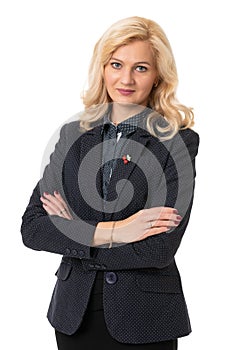 business portrait of a middle aged woman in a suit on a white isolated background