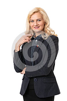 business portrait of a middle aged woman in a suit on a white isolated background