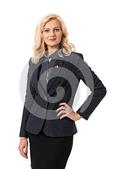 business portrait of a middle aged woman in a suit on a white isolated background