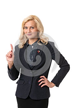 business portrait of a middle aged woman in a suit on a white isolated background