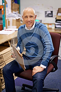 Business, portrait or old man with clipboard in warehouse office for logistics, planning or cargo checklist. Industry