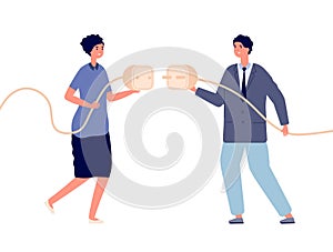 Business power connection. Electricity powering, woman cooperation with man. Cable plug connect, intersexual partnership photo