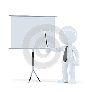 Business presentation. 3d man standing in front of a blank board. Isolated with clipping path of scene and blank board