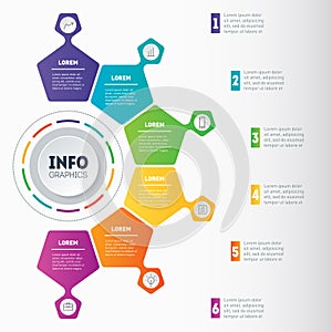 Business presentation with 6 options. Vector dynamic infographics of technology or education process. Web Template of a chart, mi