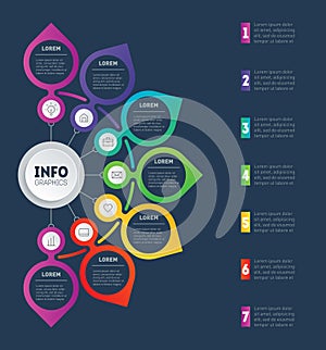 Business presentation with 7 options. Template of diagram. Vector infographic of technology or education process. Part of the