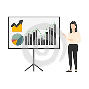 Business presentation. Businesswoman standing near the blackboard making a presentation. Indicates and explains the diagram  gives