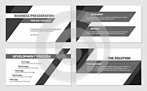 Business presentation design 4 slides template. Development process, solution, research and review